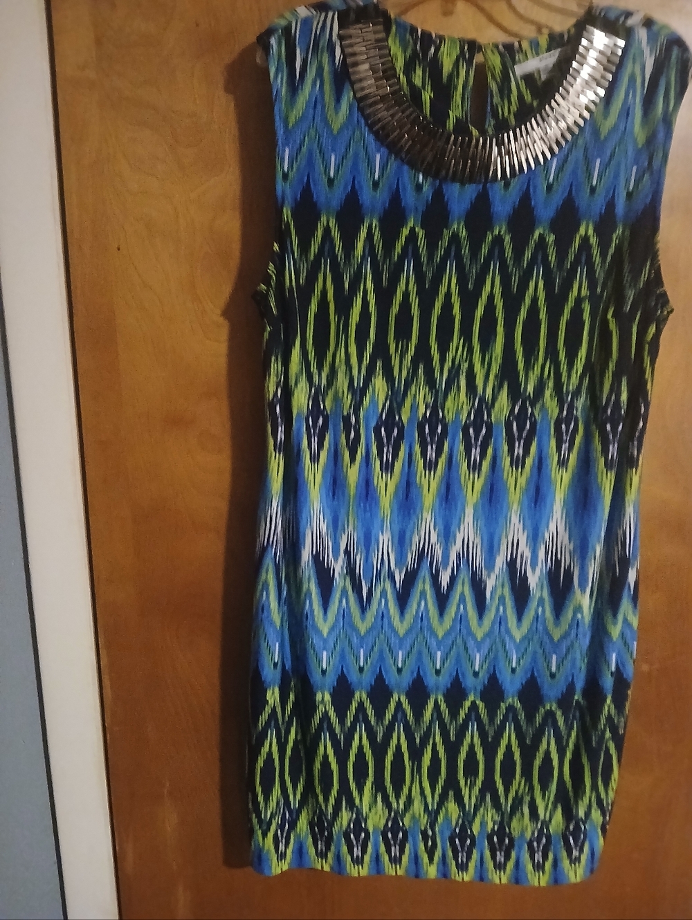 Women's Studio One Vibrant Blue and Lime Patterned Dress with Accent Beading